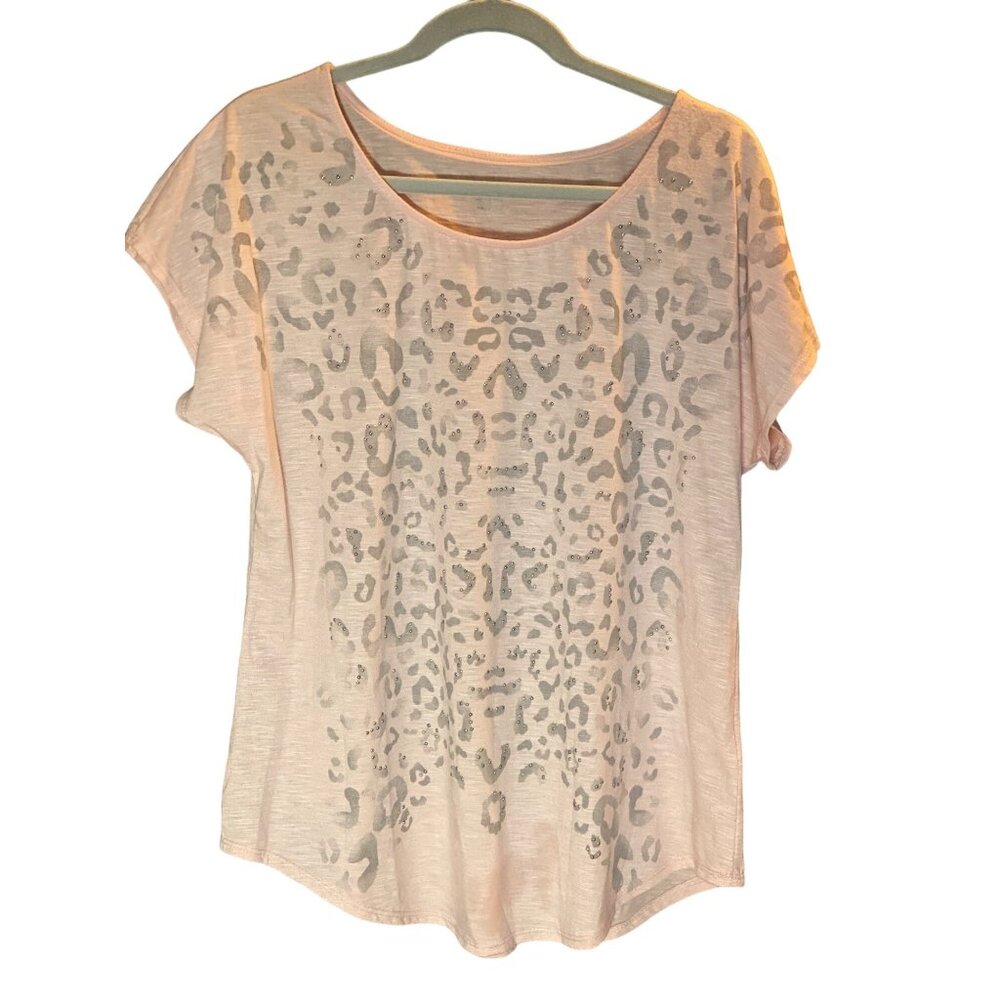 APT 9 Pink Top Gray Leopard Print Silver Stud SS Women L Flowy Bottom
